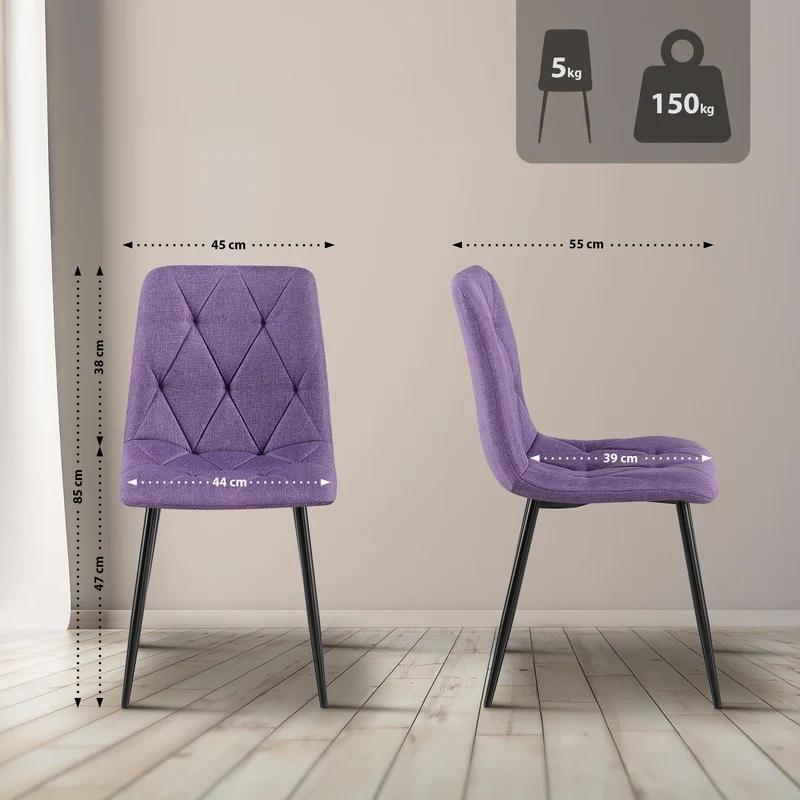 Chaise de salle à manger x1 design moderne surpiqûres en losange tissu violet et cadre métal noir 10_0007361