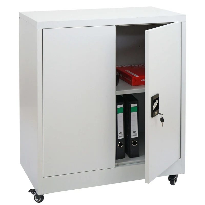 Armoire de bureau métallique gris clair avec roulettes meuble de rangement verrouillable 2 portes étagère réglable 04_0009382