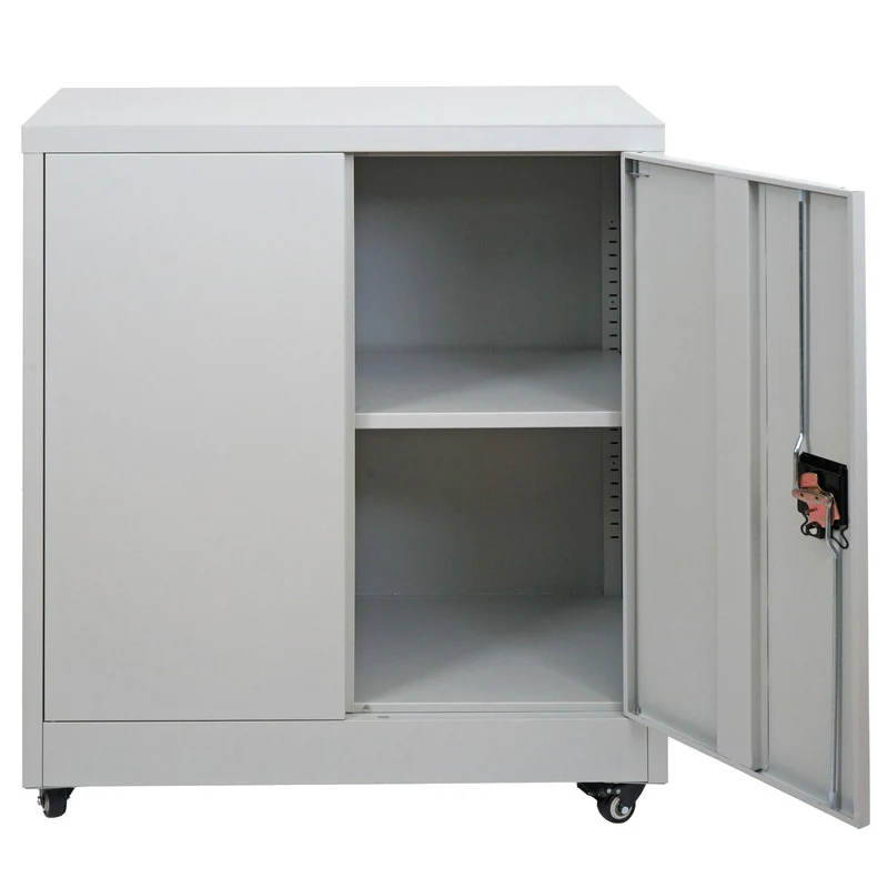 Armoire de bureau métallique gris clair avec roulettes meuble de rangement verrouillable 2 portes étagère réglable 04_0009382