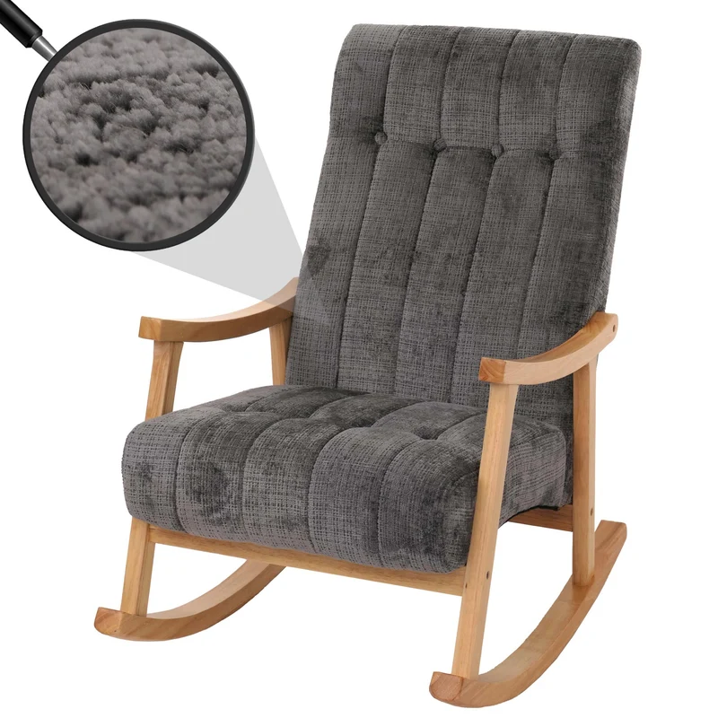 Fauteuil à bascule design avec accoudoirs en tissu chenille gris foncé structure bois massif couleur naturelle 04_0009800