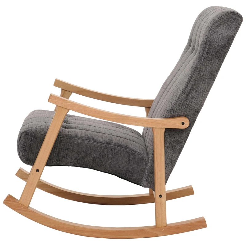 Fauteuil à bascule design avec accoudoirs en tissu chenille gris foncé structure bois massif couleur naturelle 04_0009800
