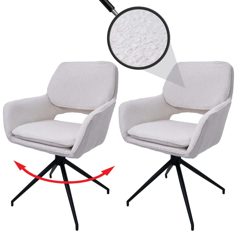 Lot de 2 chaises de salle à manger pivotante 180° avec retour automatique tissu bouclé crème piètement en forme de trépied fer noir 04_0009973