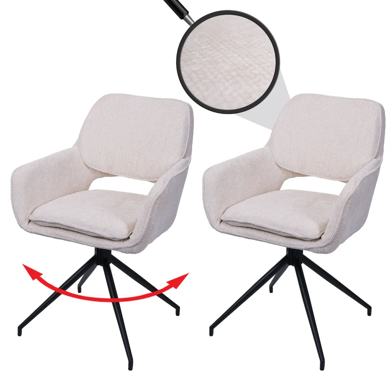 Lot de 2 chaises de salle à manger pivotantes 180° avec retour automatique avec accoudoirs confortables en tissu chenille crème pieds métal 04_0009983