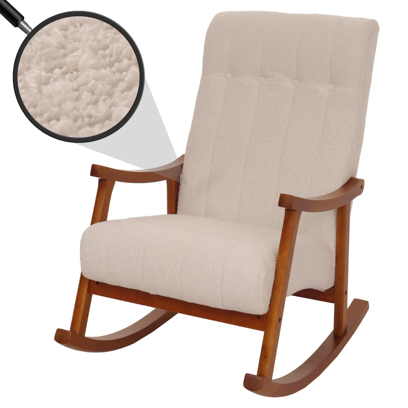 Fauteuil à bascule design avec accoudoirs assise large en tissu bouclé crème structure bois finition noyer 04_0009815