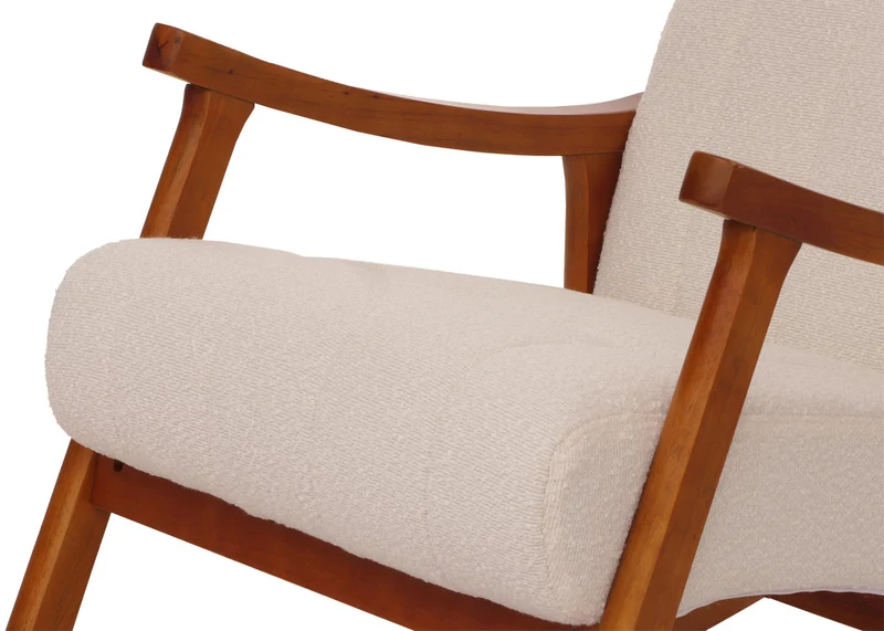 Fauteuil à bascule design avec accoudoirs assise large en tissu bouclé crème structure bois finition noyer 04_0009815