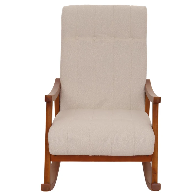 Fauteuil à bascule design avec accoudoirs assise large en tissu bouclé crème structure bois finition noyer 04_0009815