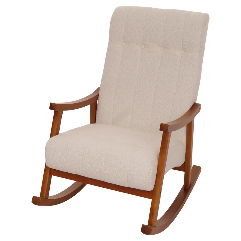 Fauteuil à bascule design avec accoudoirs assise large en tissu bouclé crème structure bois finition noyer 04_0009815