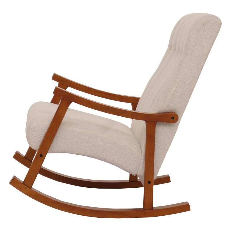 Fauteuil à bascule design avec accoudoirs assise large en tissu bouclé crème structure bois finition noyer 04_0009815