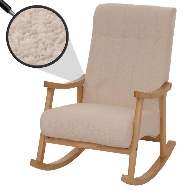 Fauteuil à bascule design avec accoudoirs assise large en tissu bouclé beige structure bois massif naturel 04_0009810