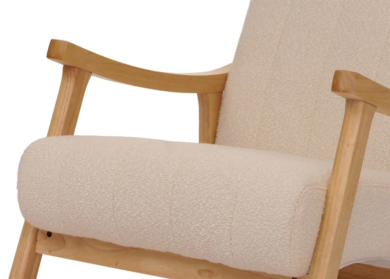 Fauteuil à bascule design avec accoudoirs assise large en tissu bouclé beige structure bois massif naturel 04_0009810