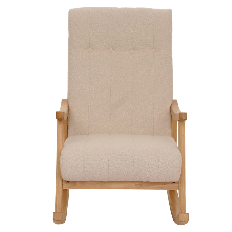 Fauteuil à bascule design avec accoudoirs assise large en tissu bouclé beige structure bois massif naturel 04_0009810