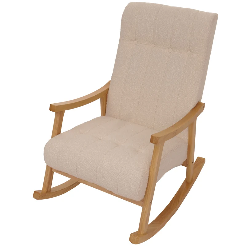 Fauteuil à bascule design avec accoudoirs assise large en tissu bouclé beige structure bois massif naturel 04_0009810
