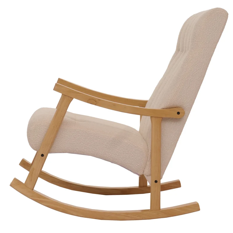 Fauteuil à bascule design avec accoudoirs assise large en tissu bouclé beige structure bois massif naturel 04_0009810