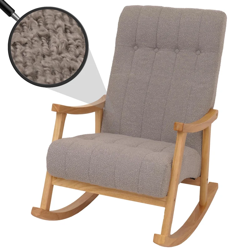 Fauteuil à bascule design avec accoudoirs assise large en tissu bouclé beige structure bois massif naturel 04_0009808
