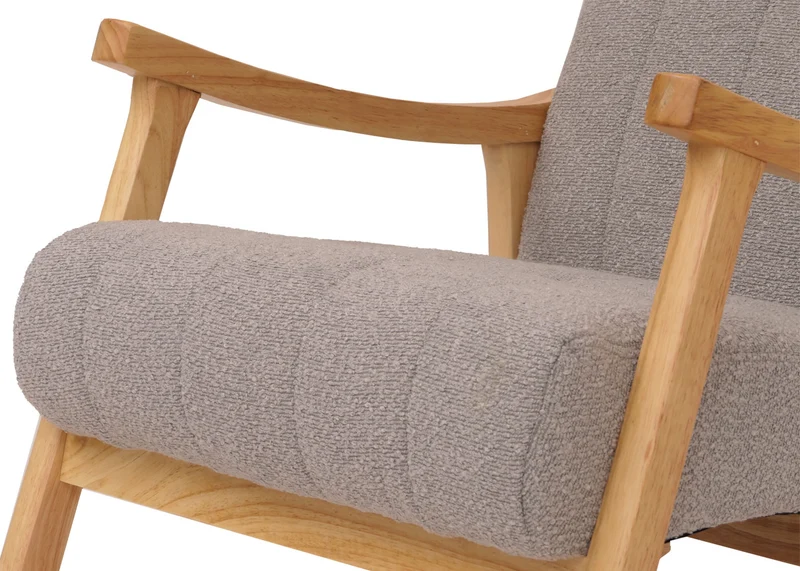Fauteuil à bascule design avec accoudoirs assise large en tissu bouclé beige structure bois massif naturel 04_0009808