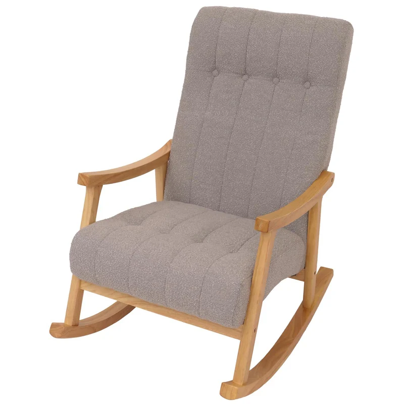 Fauteuil à bascule design avec accoudoirs assise large en tissu bouclé beige structure bois massif naturel 04_0009808
