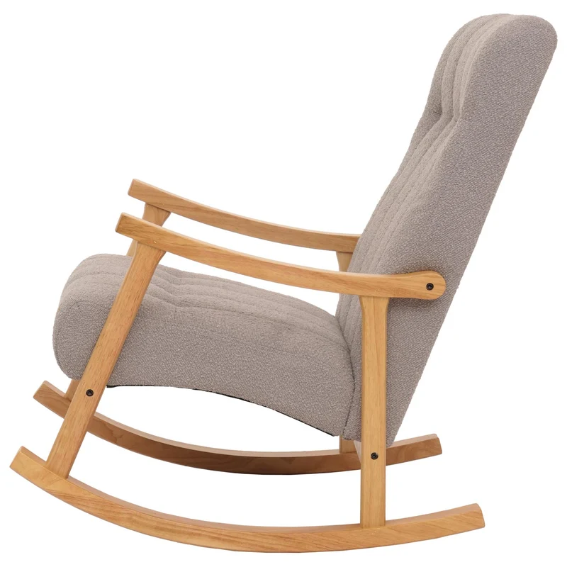Fauteuil à bascule design avec accoudoirs assise large en tissu bouclé beige structure bois massif naturel 04_0009808