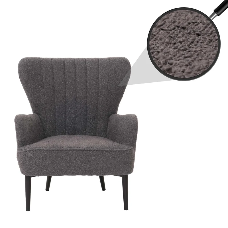 Fauteuil lounge design rétro avec accoudoirs assise large avec ressorts rembourrage épais assise en tissu bouclé gris foncé structure métal 04_0009992