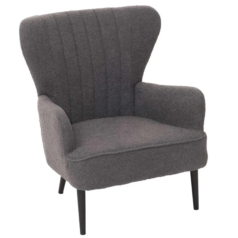 Fauteuil lounge design rétro avec accoudoirs assise large avec ressorts rembourrage épais assise en tissu bouclé gris foncé structure métal 04_0009992