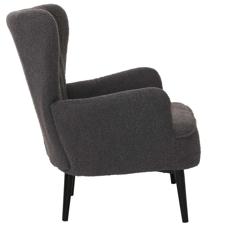 Fauteuil lounge design rétro avec accoudoirs assise large avec ressorts rembourrage épais assise en tissu bouclé gris foncé structure métal 04_0009992