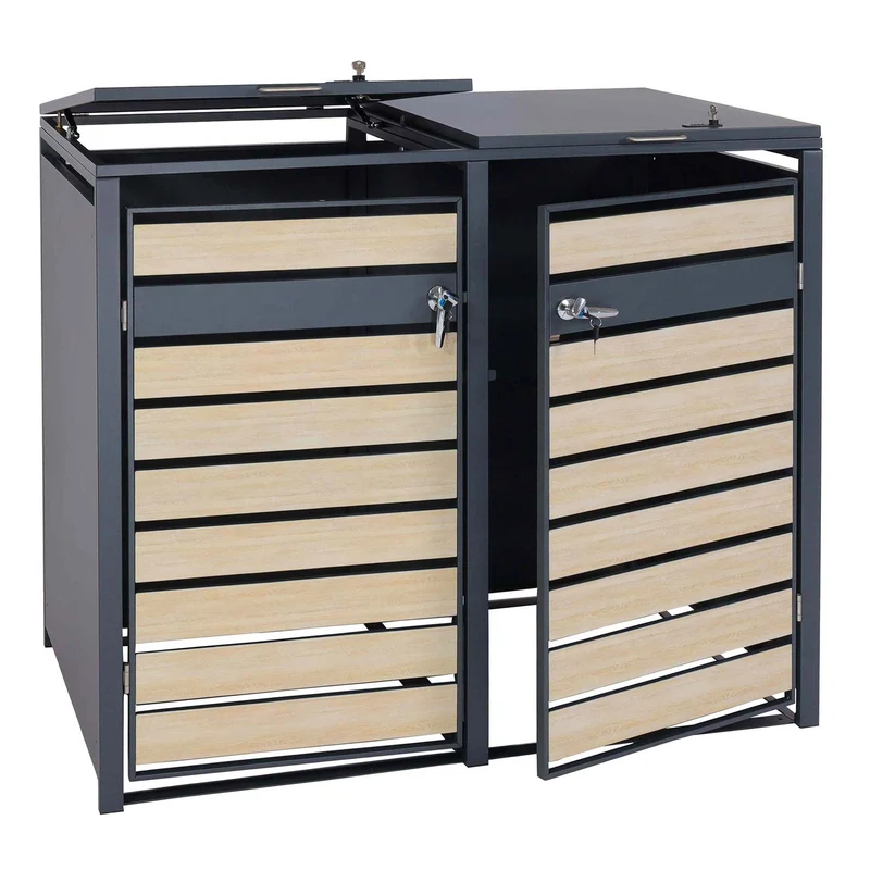 Cache poubelles extérieur 2 à 4 bacs avec couvercle abri poubelle en acier galvanisé effet bois hêtre clair verrouillable 80 à 240L 04_0010278