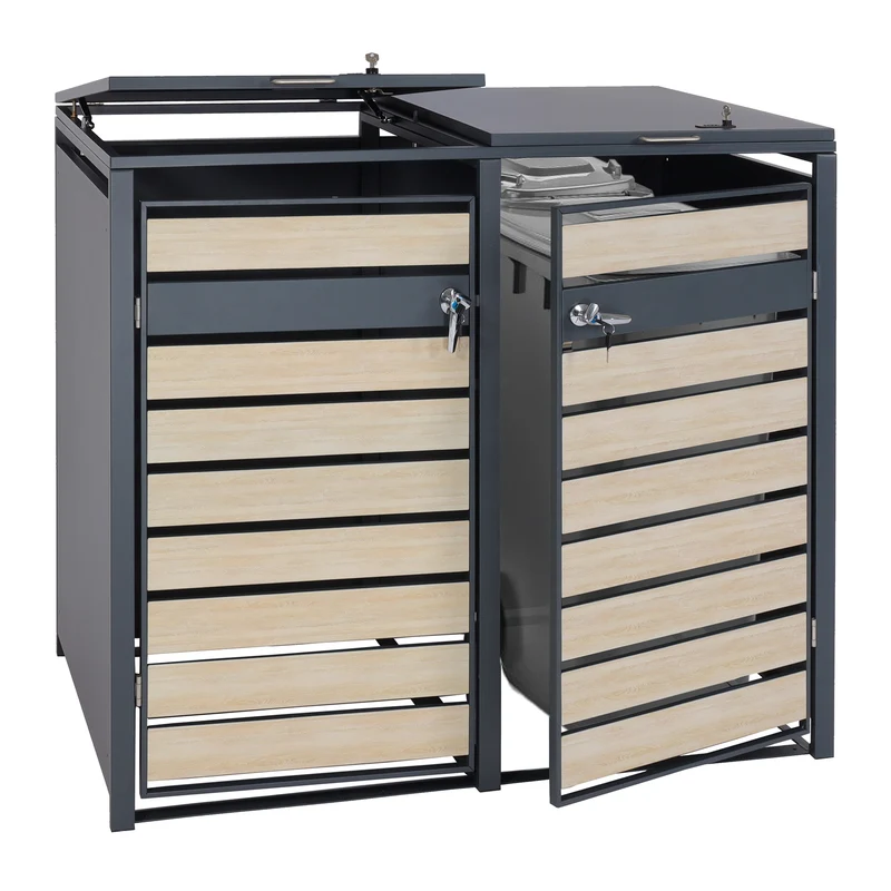 Cache poubelles extérieur 2 à 4 bacs avec couvercle abri poubelle en acier galvanisé effet bois hêtre clair verrouillable 80 à 240L 04_0010278