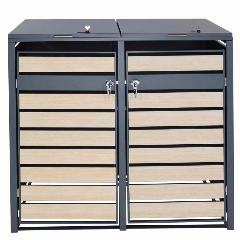 Cache poubelles extérieur 2 à 4 bacs avec couvercle abri poubelle en acier galvanisé effet bois hêtre clair verrouillable 80 à 240L 04_0010278