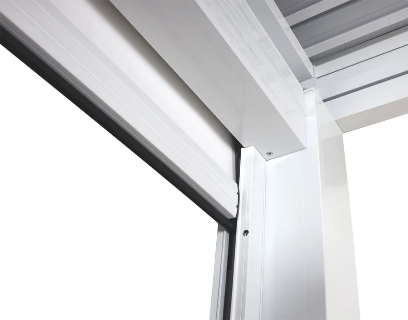 Pergola bioclimatique 3x3 avec 4 stores latéraux toit à lames orientables résistante au vent gouttière intégrée structure aluminium blanc 04_0010274