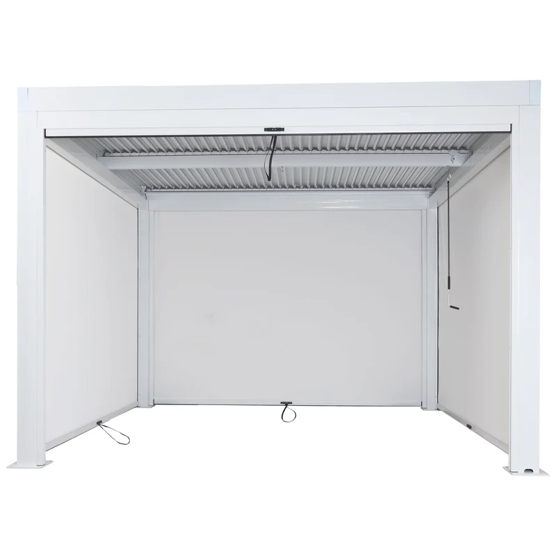 Pergola bioclimatique 3x3 avec 4 stores latéraux toit à lames orientables résistante au vent gouttière intégrée structure aluminium blanc 04_0010274