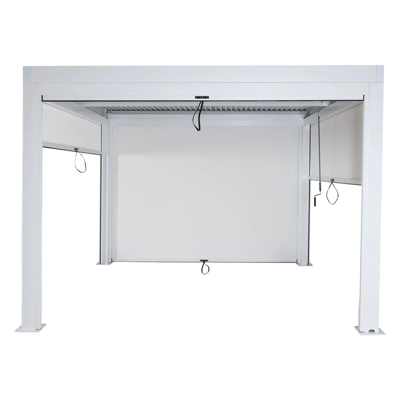 Pergola bioclimatique 3x3 avec 4 stores latéraux toit à lames orientables résistante au vent gouttière intégrée structure aluminium blanc 04_0010274