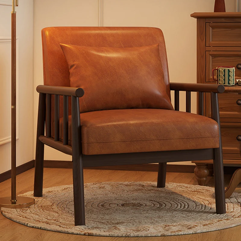 Traditional Vintage Rectangular Rubberwood Faux Oil Wax Leather Flannelette Sponge Accent Chair Backrest Armrest For Living Room