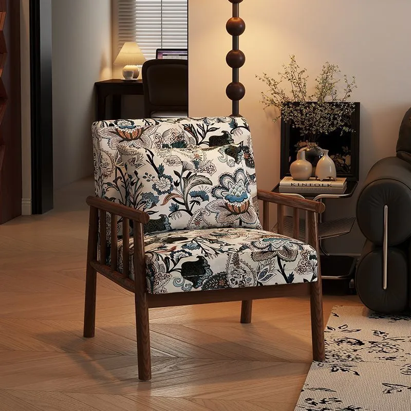 Traditional Vintage Rectangular Rubberwood Faux Oil Wax Leather Flannelette Sponge Accent Chair Backrest Armrest For Living Room
