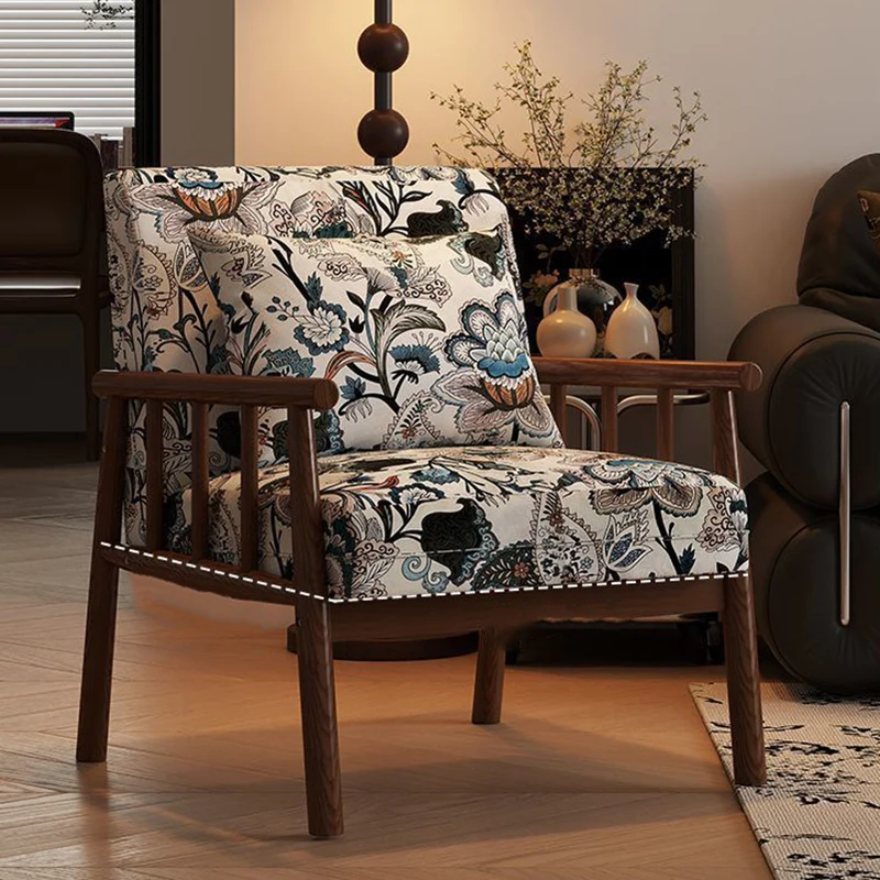 Traditional Vintage Rectangular Rubberwood Faux Oil Wax Leather Flannelette Sponge Accent Chair Backrest Armrest For Living Room