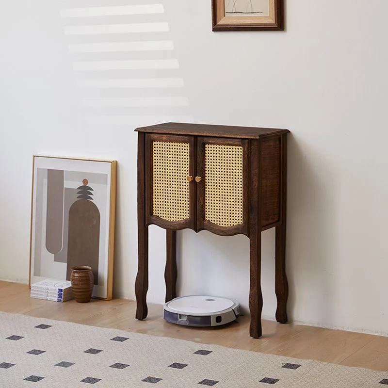 Traditional Vintage Rectangular Solid Wood Carbonized Rattan Weaving Storage Cabinet 2/3-Door For Living Room
