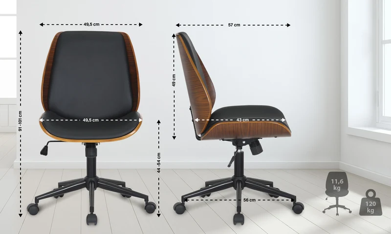 Fauteuil de bureau sur roulettes pivotante et réglable design moderne synthétique noir bois et métal noir BUR10681