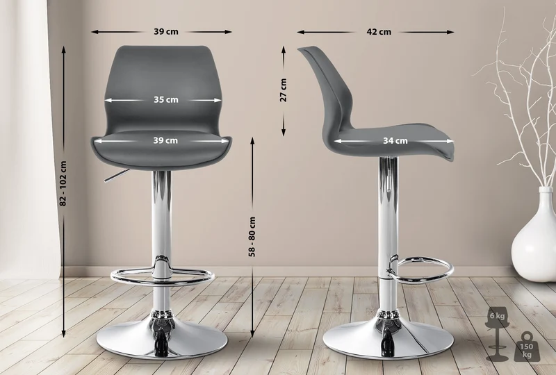 Tabouret de bar x1 avec repose-pieds hauteur réglable pivotant en PVC et plastique gris et métal 10_0004905