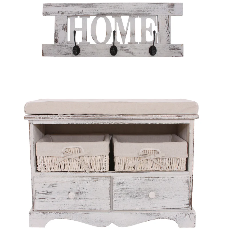 Meuble d’entrée avec banc 62 cm avec porte manteau mural rangement paniers tiroirs style vintage tructure en bois de paulownia blanc 04_0011446