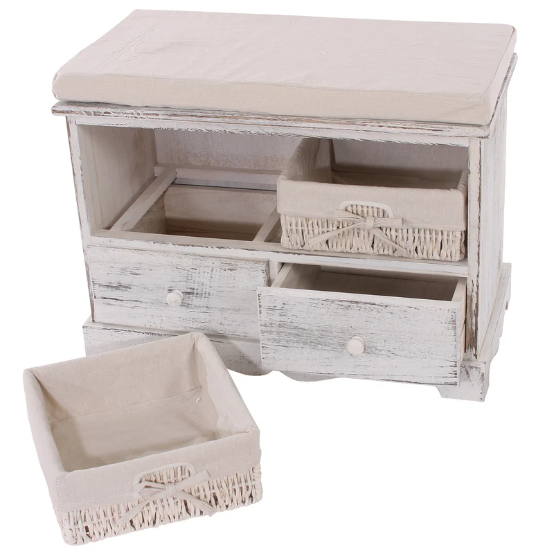Meuble d’entrée avec banc 62 cm avec porte manteau mural rangement paniers tiroirs style vintage tructure en bois de paulownia blanc 04_0011446
