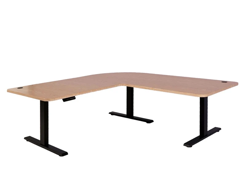 Bureau angle électrique 178 x 178 cm hauteur réglable 56 à 121 cm mémoire 3 moteurs en HDF marron clair et acier noir 04_0010631