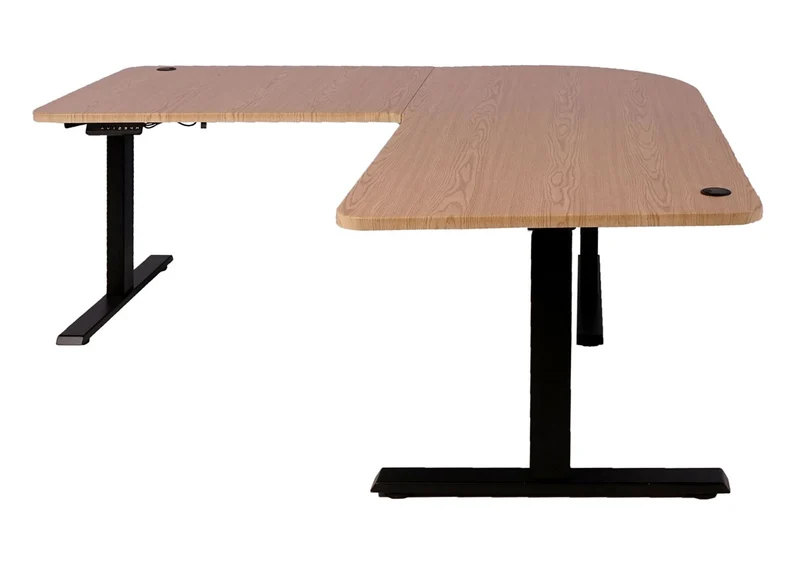 Bureau angle électrique 178 x 178 cm hauteur réglable 56 à 121 cm mémoire 3 moteurs en HDF marron clair et acier noir 04_0010631