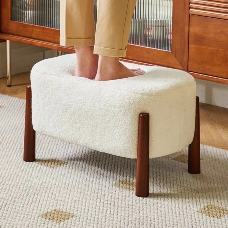 Modern Minimalist Oval Rubberwood Corduroy Teddy Fleece Faux Mink Fur Yarn Sponge Low Stool Backless Armless For Hallway