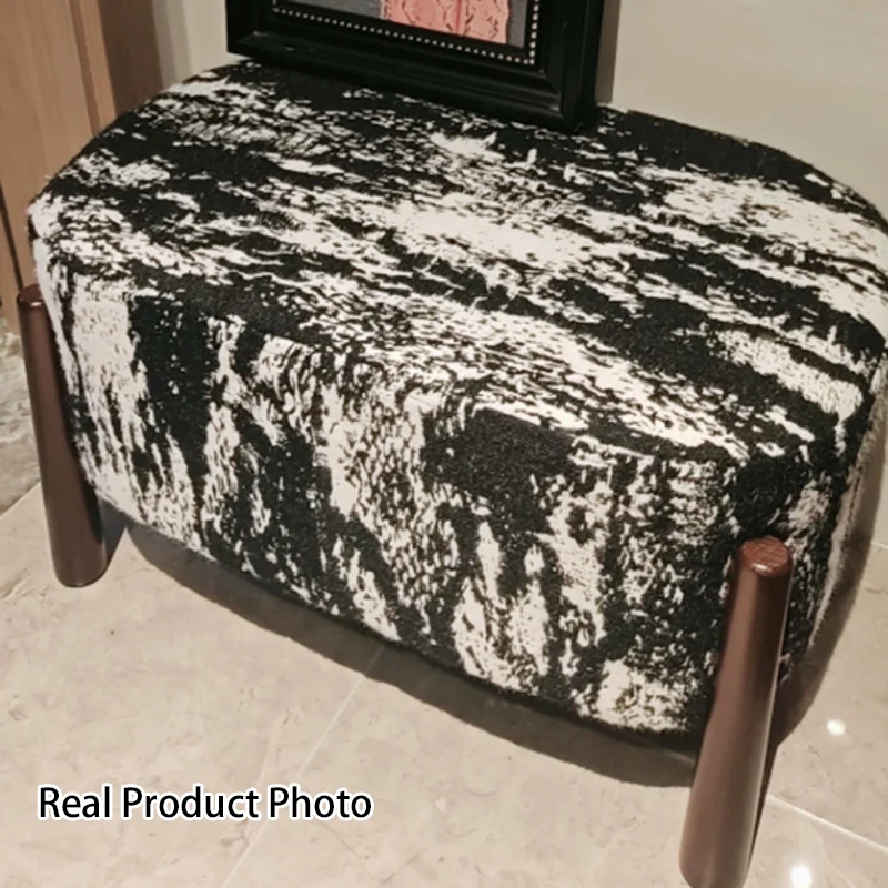 Modern Minimalist Oval Rubberwood Corduroy Teddy Fleece Faux Mink Fur Yarn Sponge Low Stool Backless Armless For Hallway