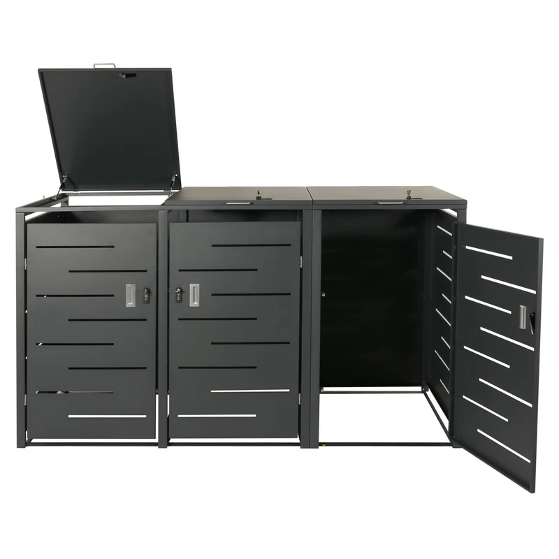 Abri cache poubelles 3 bacs 197 cm hauteur 117 cm profondeur 80 cm verrouillable extensible acier anthracite 04_0010972