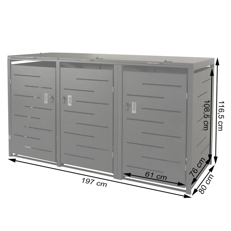 Abri cache poubelles 3 bacs 197 cm hauteur 117 cm profondeur 80 cm verrouillable extensible acier anthracite 04_0010972