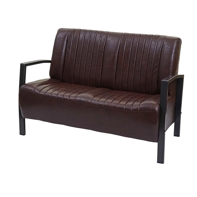 Canapé 2 places avec dossier et les accoudoirs largeur 127 cm style industriel assise confortable cuir synthétique marron vintage structure en acier 04_0010921