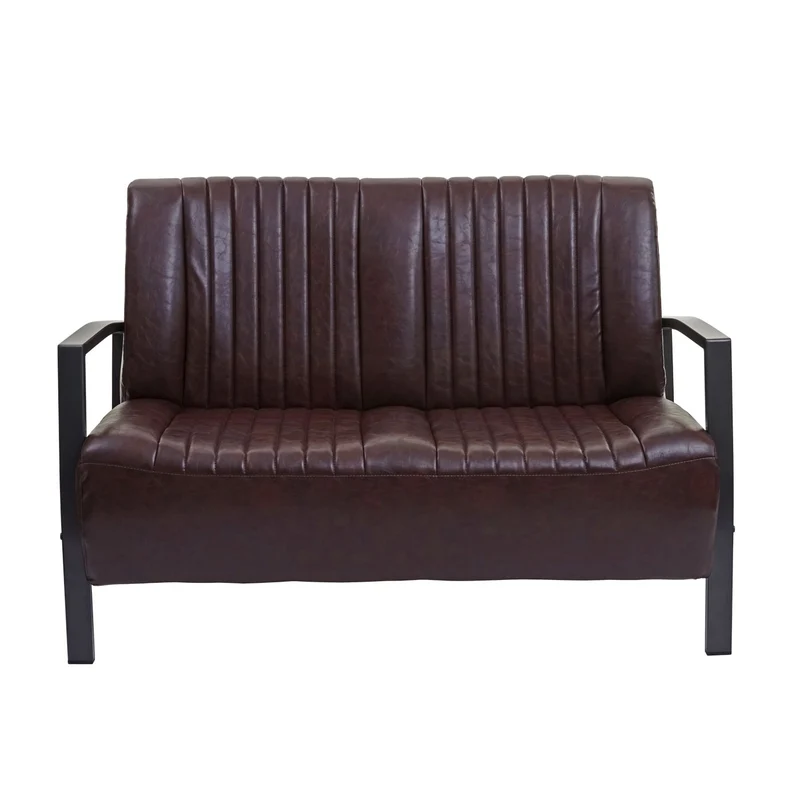 Canapé 2 places avec dossier et les accoudoirs largeur 127 cm style industriel assise confortable cuir synthétique marron vintage structure en acier 04_0010921