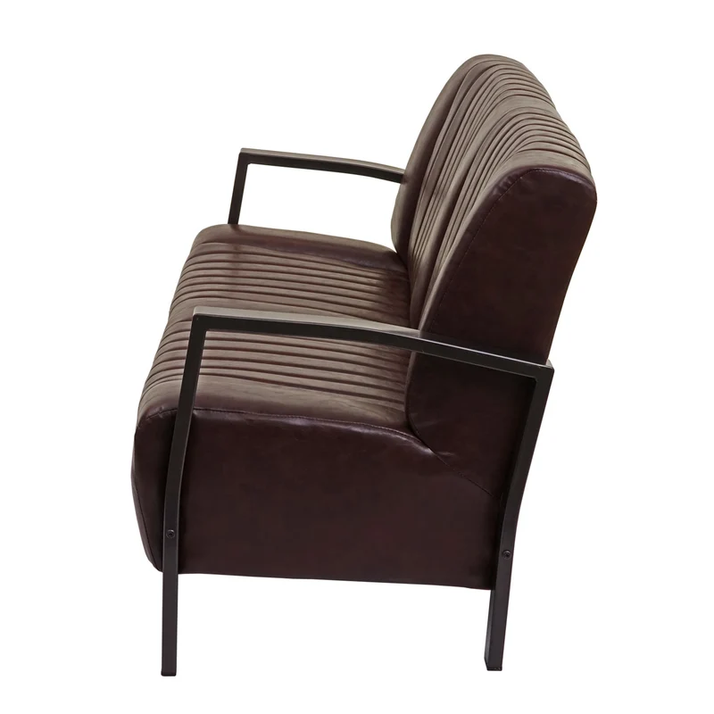 Canapé 2 places avec dossier et les accoudoirs largeur 127 cm style industriel assise confortable cuir synthétique marron vintage structure en acier 04_0010921