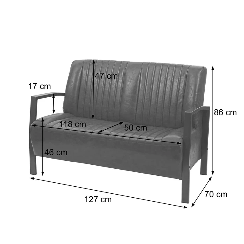 Canapé 2 places avec dossier et les accoudoirs largeur 127 cm style industriel assise confortable cuir synthétique marron vintage structure en acier 04_0010921