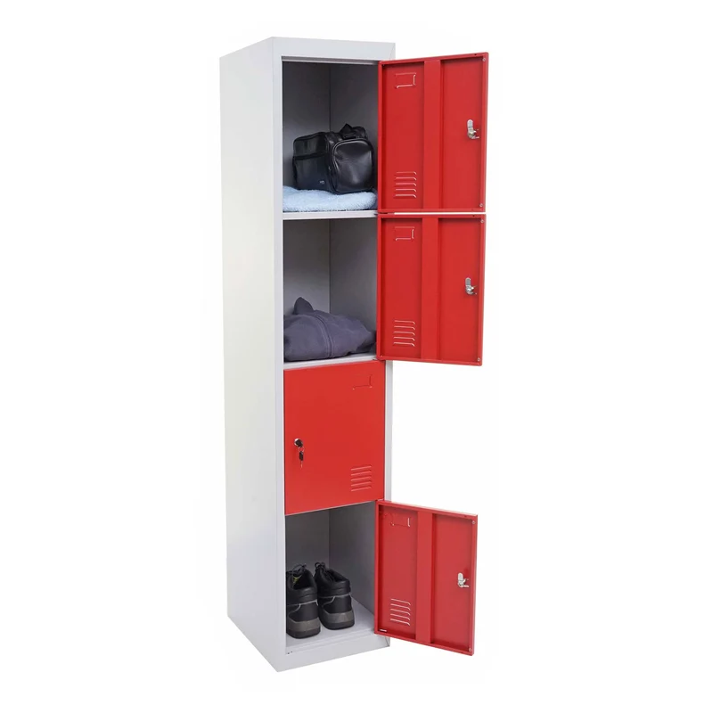 Casier métallique hauteur 180 cm 4 compartiments avec serrures structure en acier thermolaqué gris rouge 04_0010879