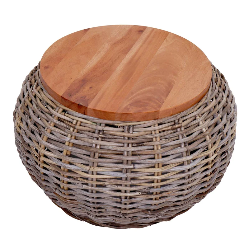 Table d appoint ronde 49 cm hauteur 33 cm structure en métal thermolaqué plateau en bois et rotin kubu naturel 04_0008502